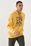 Hardal Kamuflaj Desen Baskılı Standart Kalıp Kapüşonlu Erkek Sweatshirt - 87884 | XXL