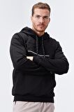 Siyah Yazı Nakışlı Standart Kalıp Kapüşonlu Erkek Sweatshirt - 87887 | XL