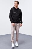 Siyah Yazı Nakışlı Standart Kalıp Kapüşonlu Erkek Sweatshirt - 87887 | XL