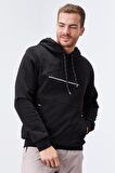Siyah Yazı Nakışlı Standart Kalıp Kapüşonlu Erkek Sweatshirt - 87887 | XL