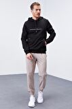 Siyah Yazı Nakışlı Standart Kalıp Kapüşonlu Erkek Sweatshirt - 87887 | XL