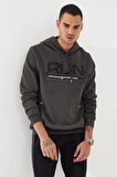 Haki Yazı Nakışlı Standart Kalıp Kapüşonlu Erkek Sweatshirt - 87887 | S