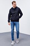 Lacivert Yazı Nakışlı Standart Kalıp Kapüşonlu Erkek Sweatshirt - 87887 | XXL