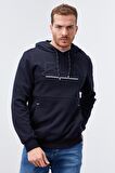 Lacivert Yazı Nakışlı Standart Kalıp Kapüşonlu Erkek Sweatshirt - 87887 | XXL