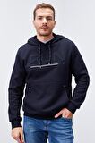 Lacivert Yazı Nakışlı Standart Kalıp Kapüşonlu Erkek Sweatshirt - 87887 | XXL