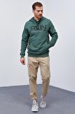 Yeşil Yazı Nakışlı Standart Kalıp Kapüşonlu Erkek Sweatshirt - 87887 | S