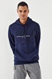 İndigo Yazı Nakışlı Standart Kalıp Kapüşonlu Erkek Sweatshirt - 87887 | S