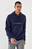 İndigo Yazı Nakışlı Standart Kalıp Kapüşonlu Erkek Sweatshirt - 87887 | S