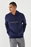 İndigo Yazı Nakışlı Standart Kalıp Kapüşonlu Erkek Sweatshirt - 87887 | S