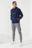 İndigo Yazı Nakışlı Standart Kalıp Kapüşonlu Erkek Sweatshirt - 87887 | S
