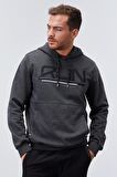 Antrasit Melanj Yazı Nakışlı Standart Kalıp Kapüşonlu Erkek Sweatshirt - 87887 | XL