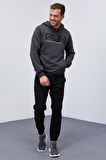 Antrasit Melanj Yazı Nakışlı Standart Kalıp Kapüşonlu Erkek Sweatshirt - 87887 | XL