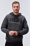 Antrasit Melanj Yazı Nakışlı Standart Kalıp Kapüşonlu Erkek Sweatshirt - 87887 | XL