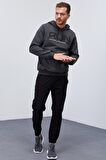 Antrasit Melanj Yazı Nakışlı Standart Kalıp Kapüşonlu Erkek Sweatshirt - 87887 | XL