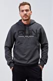 Antrasit Melanj Yazı Nakışlı Standart Kalıp Kapüşonlu Erkek Sweatshirt - 87887 | XL