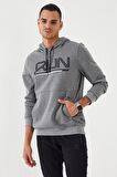 Gri Melanj Yazı Nakışlı Standart Kalıp Kapüşonlu Erkek Sweatshirt - 87887 | XXL