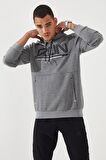 Gri Melanj Yazı Nakışlı Standart Kalıp Kapüşonlu Erkek Sweatshirt - 87887 | XXL