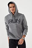 Gri Melanj Yazı Nakışlı Standart Kalıp Kapüşonlu Erkek Sweatshirt - 87887 | XXL