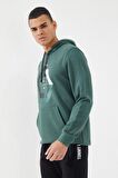 Yeşil Geometrik Baskılı Standart Kalıp Kapüşonlu Erkek Sweatshirt - 87870 | S