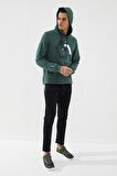 Yeşil Geometrik Baskılı Standart Kalıp Kapüşonlu Erkek Sweatshirt - 87870 | S