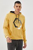 Hardal Geometrik Baskılı Standart Kalıp Kapüşonlu Erkek Sweatshirt - 87870 | XXL