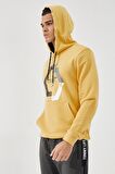 Hardal Geometrik Baskılı Standart Kalıp Kapüşonlu Erkek Sweatshirt - 87870 | XXL