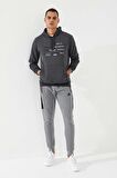 Antrasit Melanj Şerit Nakışlı Standart Kalıp Kapüşonlu Erkek Sweatshirt - 87885 | S