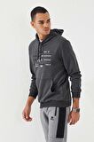 Antrasit Melanj Şerit Nakışlı Standart Kalıp Kapüşonlu Erkek Sweatshirt - 87885 | S