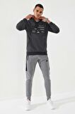 Antrasit Melanj Şerit Nakışlı Standart Kalıp Kapüşonlu Erkek Sweatshirt - 87885 | S