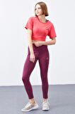 Bordo Yüksek Bel Toparlayıcı Slim Fit Dar Paça Kadın Tayt  - 94568 | S