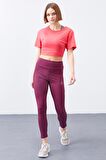 Bordo Yüksek Bel Toparlayıcı Slim Fit Dar Paça Kadın Tayt  - 94568 | S