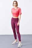 Bordo Yüksek Bel Toparlayıcı Slim Fit Dar Paça Kadın Tayt  - 94568 | S