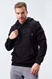 Siyah Nakışlı Kanguru Cep Standart Kalıp Kapüşonlu Erkek Sweatshirt - 87839 | S