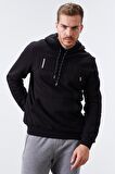 Siyah Nakışlı Kanguru Cep Standart Kalıp Kapüşonlu Erkek Sweatshirt - 87839 | S