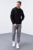 Siyah Nakışlı Kanguru Cep Standart Kalıp Kapüşonlu Erkek Sweatshirt - 87839 | S