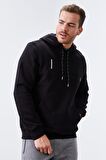 Siyah Nakışlı Kanguru Cep Standart Kalıp Kapüşonlu Erkek Sweatshirt - 87839 | S