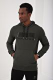 Haki Nakışlı Kanguru Cep Standart Kalıp Kapüşonlu Erkek Sweatshirt - 87839 | XXL