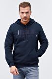 Lacivert Nakışlı Kanguru Cep Standart Kalıp Kapüşonlu Erkek Sweatshirt - 87839 | S