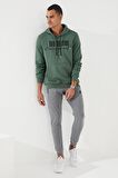 Yeşil Nakışlı Kanguru Cep Standart Kalıp Kapüşonlu Erkek Sweatshirt - 87839 | S