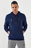 İndigo Nakışlı Kanguru Cep Standart Kalıp Kapüşonlu Erkek Sweatshirt - 87839 | XXL