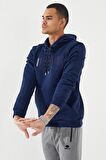 İndigo Nakışlı Kanguru Cep Standart Kalıp Kapüşonlu Erkek Sweatshirt - 87839 | XXL