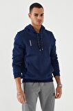 İndigo Nakışlı Kanguru Cep Standart Kalıp Kapüşonlu Erkek Sweatshirt - 87839 | XXL