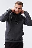 Antrasit Melanj Nakışlı Kanguru Cep Standart Kalıp Kapüşonlu Erkek Sweatshirt - 87839 | S