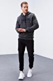 Antrasit Melanj Nakışlı Kanguru Cep Standart Kalıp Kapüşonlu Erkek Sweatshirt - 87839 | S