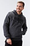 Antrasit Melanj Nakışlı Kanguru Cep Standart Kalıp Kapüşonlu Erkek Sweatshirt - 87839 | S