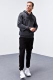 Antrasit Melanj Nakışlı Kanguru Cep Standart Kalıp Kapüşonlu Erkek Sweatshirt - 87839 | S