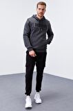 Antrasit Melanj Nakışlı Kanguru Cep Standart Kalıp Kapüşonlu Erkek Sweatshirt - 87839 | XXL