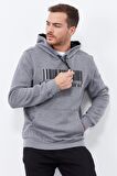 Gri Melanj Nakışlı Kanguru Cep Standart Kalıp Kapüşonlu Erkek Sweatshirt - 87839 | XXL