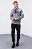 Gri Melanj Nakışlı Kanguru Cep Standart Kalıp Kapüşonlu Erkek Sweatshirt - 87839 | XXL