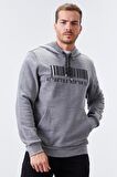 Gri Melanj Nakışlı Kanguru Cep Standart Kalıp Kapüşonlu Erkek Sweatshirt - 87839 | XXL